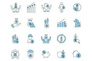 investment icon set. icon related to investments and financial concepts. profit, asset, dividend, inflation, growth, strategy, analyst, etc. flat line icon style. Simple vector design editable