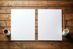 Two blank drawing sheets on the table. Searching for ideas for creativity. Generated by artificial intelligence photo