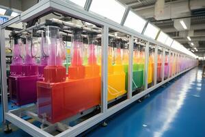 contenedores con pintar de diferente colores en producción, fábrica. generado por artificial inteligencia foto