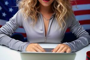 Blonde girl at a computer against the background of the US flag. Generated by artificial intelligence photo