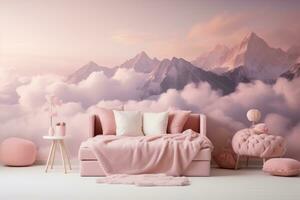 Bedroom in pink tones with a pink sofa against a wall with fluffy pink clouds and mountains. Home comfort. Generated by artificial intelligence photo