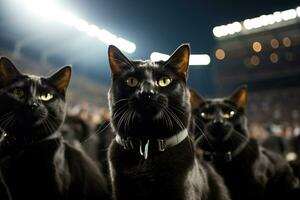 Black cats are football fans at the stadium. Sports competition concept. Generated by artificial intelligence photo