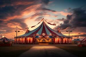 Circus tent against the sky in evening. Circus poster, poster. World Circus Day. Generated by artificial intelligence photo