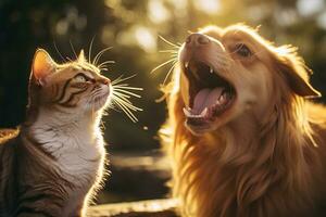 Satisfied cat and angry dog in nature blur background. Funny furry pets. Created using artificial intelligence. photo