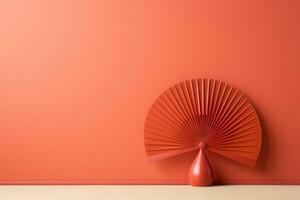 Empty red wall with a figurine in the form of a Chinese fan. Generated by artificial intelligence photo