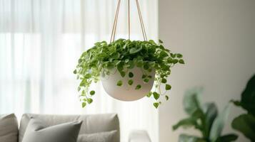 Hanging basket of potted plant in minimal living room. AI Generative. photo