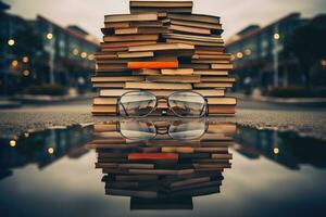 un apilar de libros y lentes cerca un charco en el asfalto. hermosa noche Encendiendo. educación y conocimiento concepto. generado por artificial inteligencia foto