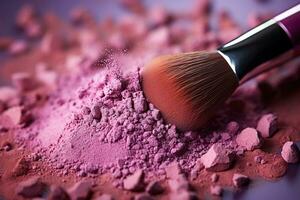 Broken pink blush with a large makeup brush and a cloud of dust on a black background. Makeup concept. Generated by artificial intelligence photo