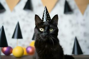 un negro gato en un festivo gorra se sienta en el de madera mesa. difuminar fiesta decoración. cumpleaños fiesta. generado por artificial inteligencia foto