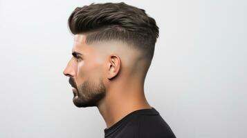 Low fade machine haircut for handsome bearded man on white background. Hair cut with a smooth transition. AI Generative. photo