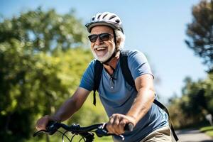 Cheerful senior man having riding bicycle at park. AI generative photo