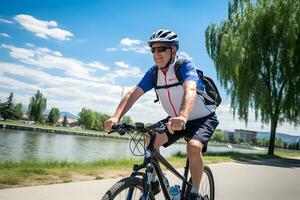 Cheerful senior man having riding bicycle at park. AI generative photo