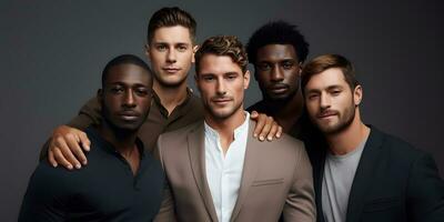 Diverse group of men standing together, multicultural male beauty, diversity concept. AI generative photo