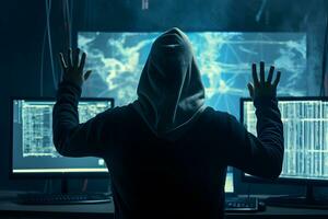 Anonymous hacker raising hands. Arrested scammers. AI generated photo