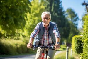 Cheerful senior man having riding bicycle at park. AI generative photo