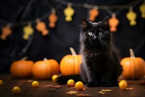 Black cat and pumpkins. Halloween decoration background. ai generative photo