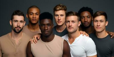 Diverse group of men standing together, multicultural male beauty, diversity concept. AI generative photo