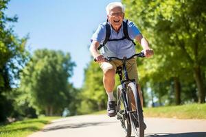 Cheerful senior man having riding bicycle at park. AI generative photo