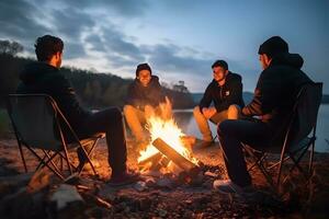 Men friendship group sit round a bright campfire at evening photo