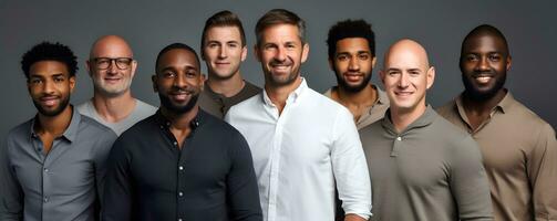 diverso grupo de hombres en pie juntos, multicultural masculino belleza, diversidad concepto. ai generativo foto