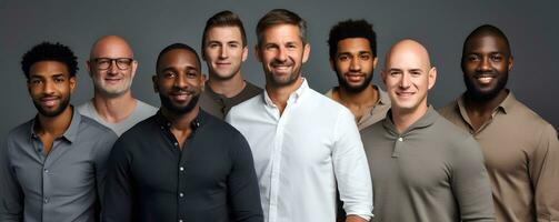 Diverse group of men standing together, multicultural male beauty, diversity concept. AI generative photo