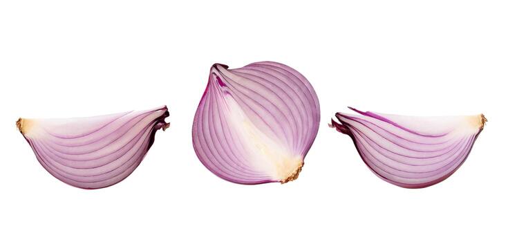 Set of fresh red onion half with slices isolated on white background with clipping path photo