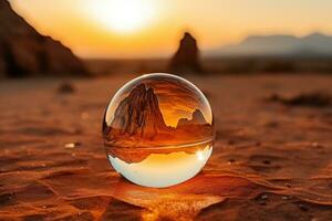 A glass ball in the middle of the desert in the rays of sunset. Close-up, beautiful view. Generated by artificial intelligence photo