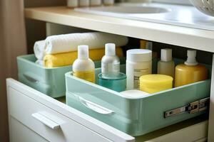 botellas de cuidado productos en un cofre de cajones en el baño. el concepto de utilizando un tocador organizador a Tienda o organizar personal cuidado elementos. generado por artificial inteligencia foto