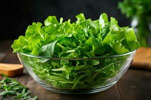 Fresh arugula in a glass salad bowl on the table. Healthy food concept. Generated by artificial intelligence photo