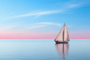 Boat with white sails in a calm blue sea at dawn, sunset. Reflection of a sailboat on the water. Generated by artificial intelligence photo