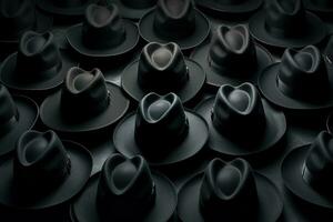 Many black hats on a black background. Generated by artificial intelligence photo