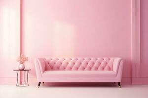 Modern minimalist interior with pink sofa on a pink color wall background. Generated by artificial intelligence photo
