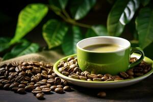 A cup of green coffee with a saucer on a wooden table with coffee beans. Generated by artificial intelligence photo