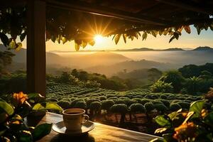 taza de café en un de madera mesa con vista a un café plantación a amanecer, puesta de sol. generado por artificial inteligencia foto