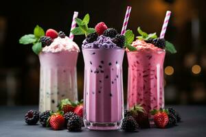 Three tasty fresh milk shakes with berries and mint on black table. Generated by artificial intelligence photo