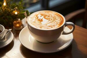 blanco taza de café con hermosa latté Arte. generado por artificial inteligencia foto