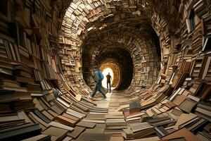 Man in a tunnel made of books. Books and knowledge concept. Generated by artificial intelligence photo