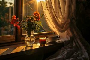 ver de un antiguo ventana con cortinas en el rayos de atardecer, flores en un florero en el antepecho. hogar comodidad. generado por artificial inteligencia foto