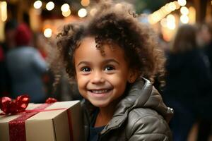 ai generado contento niños en el calle con Navidad regalos en su manos. regalos para caridad y superar a. Copiar espacio. alto calidad foto