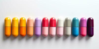 Tablets and capsules in all colors of the rainbow. Banner for pharmaceutical add photo