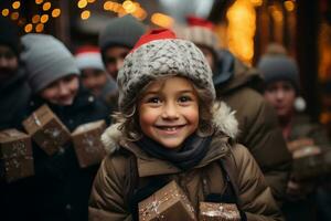 ai generado contento niños en el calle con Navidad regalos en su manos. regalos para caridad y superar a. Copiar espacio. alto calidad foto