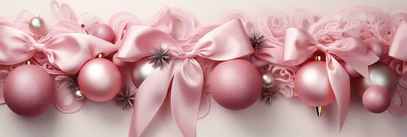 Beautiful pink Christmas banner with pink and silver decoration balls and bows. Trendy pink Christmas background photo