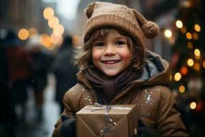 ai generado contento niños en el calle con Navidad regalos en su manos. regalos para caridad y superar a. Copiar espacio. alto calidad foto