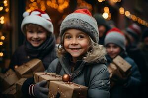 ai generado contento niños en el calle con Navidad regalos en su manos. regalos para caridad y superar a. Copiar espacio. alto calidad foto