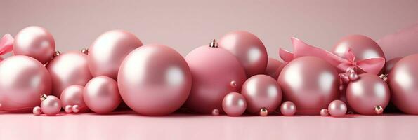 AI Generated Pink Christmas ornamental balls background. Pink Christmas baubles on a pink background, banner, poster, postcard. High quality photo