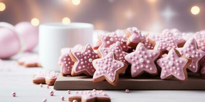 AI Generated Banner Christmas gingerbread cookies adorned with sweet pink icing. White up of coffee and bokeh lights in background. High quality photo