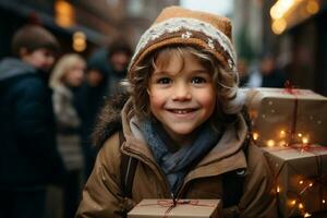 ai generado contento niños en el calle con Navidad regalos en su manos. regalos para caridad y superar a. Copiar espacio. alto calidad foto