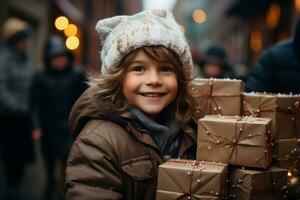 ai generado contento niños en el calle con Navidad regalos en su manos. regalos para caridad y superar a. Copiar espacio. alto calidad foto