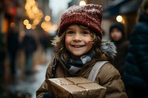 ai generado contento niños en el calle con Navidad regalos en su manos. regalos para caridad y superar a. Copiar espacio. alto calidad foto