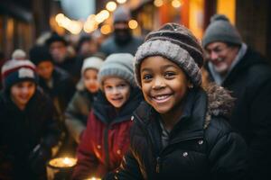 ai generado contento niños en el calle con Navidad regalos en su manos. regalos para caridad y superar a. Copiar espacio. alto calidad foto